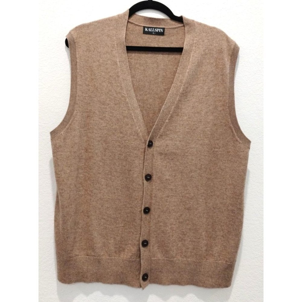 Kallspin Brown Cashmere Wool Buttoned V neck vest L